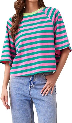 Women Oversized Striped Color Block T-Shirts Crew Neck Basic Crop Cotton Short Sleeve Casual Loose Summer Tee Tops in Saudi Arabia