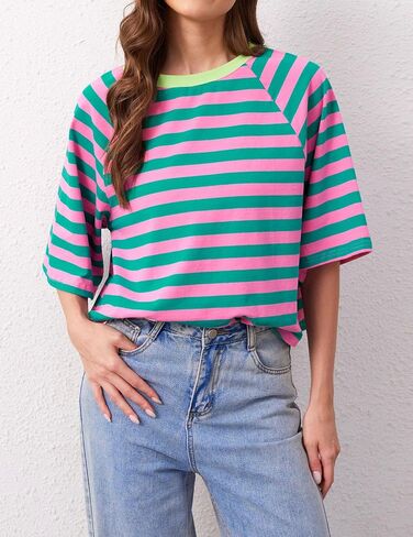 Women Oversized Striped Color Block T-Shirts Crew Neck Basic Crop Cotton Short Sleeve Casual Loose Summer Tee Tops in Saudi Arabia