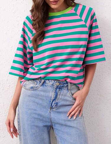 Women Oversized Striped Color Block T-Shirts Crew Neck Basic Crop Cotton Short Sleeve Casual Loose Summer Tee Tops in Saudi Arabia