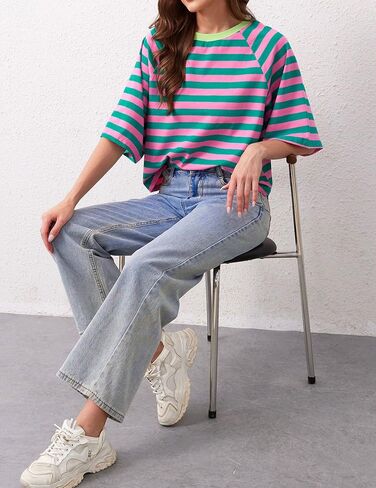 Women Oversized Striped Color Block T-Shirts Crew Neck Basic Crop Cotton Short Sleeve Casual Loose Summer Tee Tops in Saudi Arabia