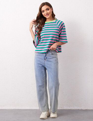 Women Oversized Striped Color Block T-Shirts Crew Neck Basic Crop Cotton Short Sleeve Casual Loose Summer Tee Tops in Saudi Arabia