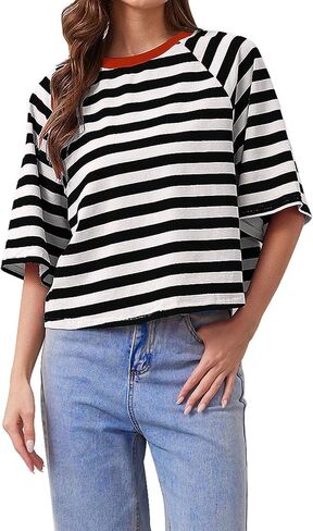 تي شيرتات نسائية كبيرة الحجم مخططة بألوان زاهية ورقبة دائرية من القطن الأساسي وأكمام قصيرة كاجوال فضفاضة للصيف تي شيرت in Kuwait