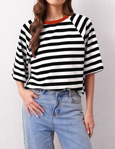 تي شيرتات نسائية كبيرة الحجم مخططة بألوان زاهية ورقبة دائرية من القطن الأساسي وأكمام قصيرة كاجوال فضفاضة للصيف تي شيرت in Kuwait