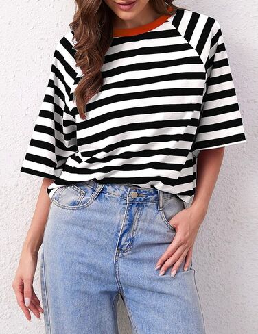 تي شيرتات نسائية كبيرة الحجم مخططة بألوان زاهية ورقبة دائرية من القطن الأساسي وأكمام قصيرة كاجوال فضفاضة للصيف تي شيرت in Kuwait