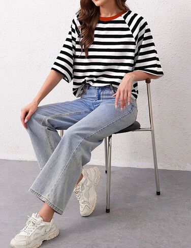 تي شيرتات نسائية كبيرة الحجم مخططة بألوان زاهية ورقبة دائرية من القطن الأساسي وأكمام قصيرة كاجوال فضفاضة للصيف تي شيرت in Kuwait