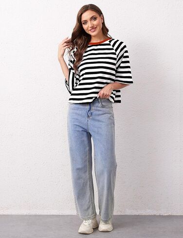 تي شيرتات نسائية كبيرة الحجم مخططة بألوان زاهية ورقبة دائرية من القطن الأساسي وأكمام قصيرة كاجوال فضفاضة للصيف تي شيرت in Kuwait