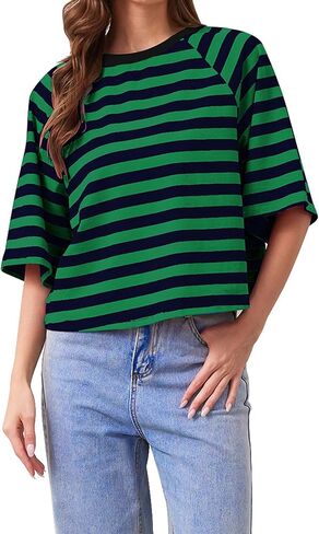 Women Oversized Striped Color Block T-Shirts Crew Neck Basic Crop Cotton Short Sleeve Casual Loose Summer Tee Tops in Saudi Arabia