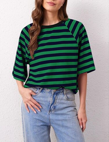 Women Oversized Striped Color Block T-Shirts Crew Neck Basic Crop Cotton Short Sleeve Casual Loose Summer Tee Tops in Saudi Arabia