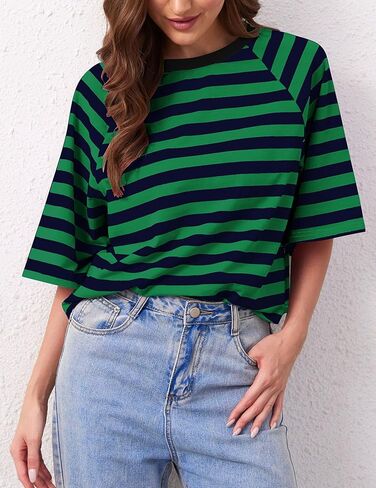 Women Oversized Striped Color Block T-Shirts Crew Neck Basic Crop Cotton Short Sleeve Casual Loose Summer Tee Tops in Saudi Arabia