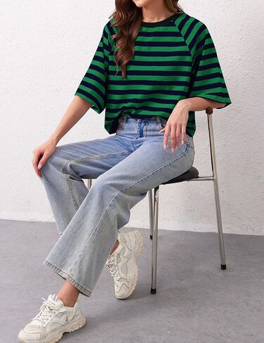 Women Oversized Striped Color Block T-Shirts Crew Neck Basic Crop Cotton Short Sleeve Casual Loose Summer Tee Tops in Saudi Arabia