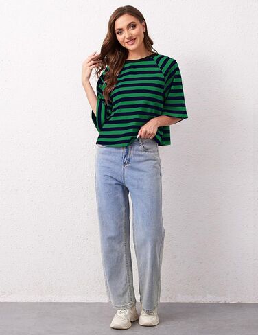 Women Oversized Striped Color Block T-Shirts Crew Neck Basic Crop Cotton Short Sleeve Casual Loose Summer Tee Tops in Saudi Arabia