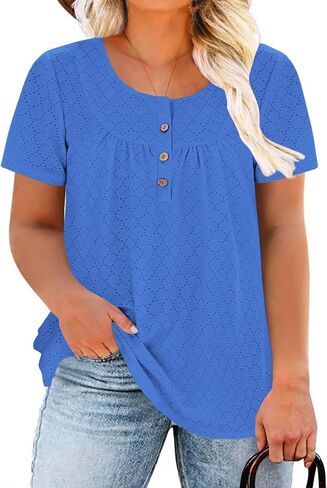 VISLILY Womens-Plus-Size-Summer-Tops Buttons Up Henley Shirts Flowy Pleated Tunics Trendy Eyelet Short Sleeve Blouses in Saudi Arabia