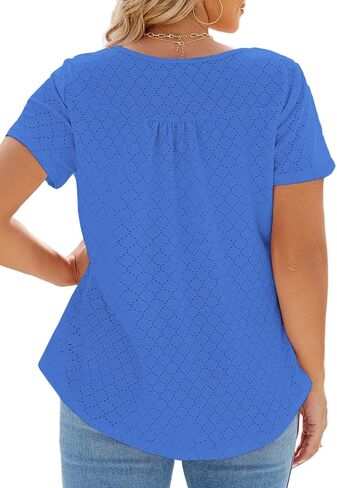 VISLILY Womens-Plus-Size-Summer-Tops Buttons Up Henley Shirts Flowy Pleated Tunics Trendy Eyelet Short Sleeve Blouses in Saudi Arabia