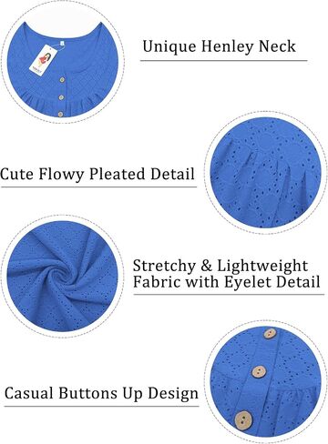 VISLILY Womens-Plus-Size-Summer-Tops Buttons Up Henley Shirts Flowy Pleated Tunics Trendy Eyelet Short Sleeve Blouses in Saudi Arabia