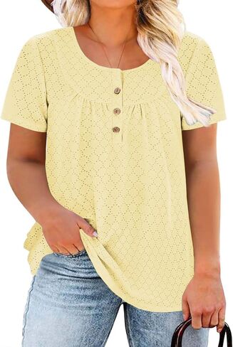 VISLILY Womens-Plus-Size-Summer-Tops Buttons Up Henley Shirts Flowy Pleated Tunics Trendy Eyelet Short Sleeve Blouses in Saudi Arabia
