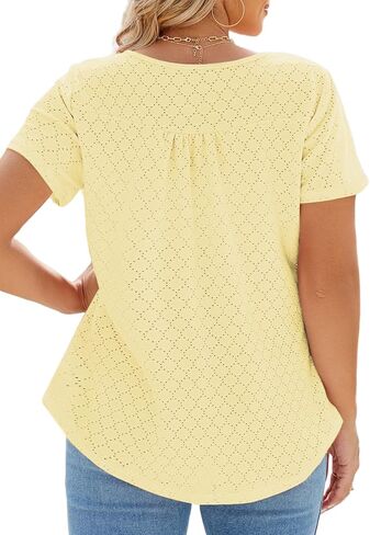 VISLILY Womens-Plus-Size-Summer-Tops Buttons Up Henley Shirts Flowy Pleated Tunics Trendy Eyelet Short Sleeve Blouses in Saudi Arabia
