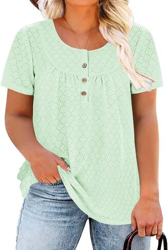 VISLILY Womens-Plus-Size-Summer-Tops Buttons Up Henley Shirts Flowy Pleated Tunics Trendy Eyelet Short Sleeve Blouses in Saudi Arabia