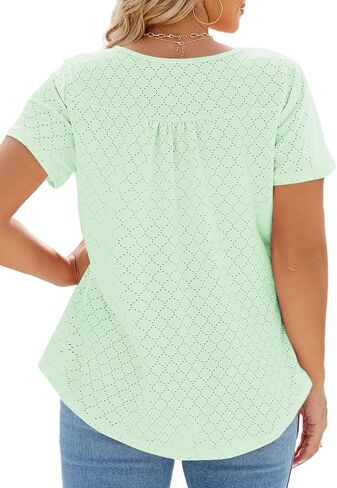 VISLILY Womens-Plus-Size-Summer-Tops Buttons Up Henley Shirts Flowy Pleated Tunics Trendy Eyelet Short Sleeve Blouses in Saudi Arabia