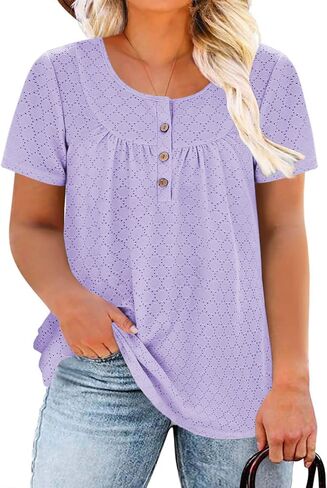 VISLILY Womens-Plus-Size-Summer-Tops Buttons Up Henley Shirts Flowy Pleated Tunics Trendy Eyelet Short Sleeve Blouses in Saudi Arabia