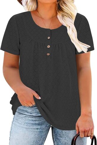 VISLILY Womens-Plus-Size-Summer-Tops Buttons Up Henley Shirts Flowy Pleated Tunics Trendy Eyelet Short Sleeve Blouses in Saudi Arabia