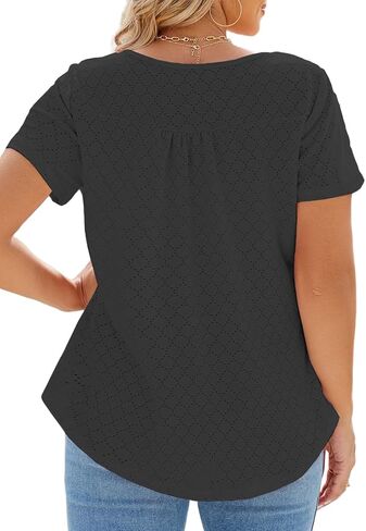 VISLILY Womens-Plus-Size-Summer-Tops Buttons Up Henley Shirts Flowy Pleated Tunics Trendy Eyelet Short Sleeve Blouses in Saudi Arabia