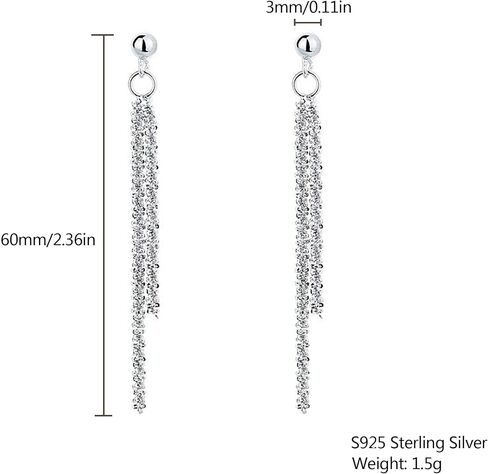 925 Sterling Silver Tassel Chain Dangle Earrings for Women Sparkling Long Fringe Dangle Drop Earrings Bling Line Minimalist Wedding Studs Earring Jewelry Birthday Graduation Gifts for Her in Kuwait
