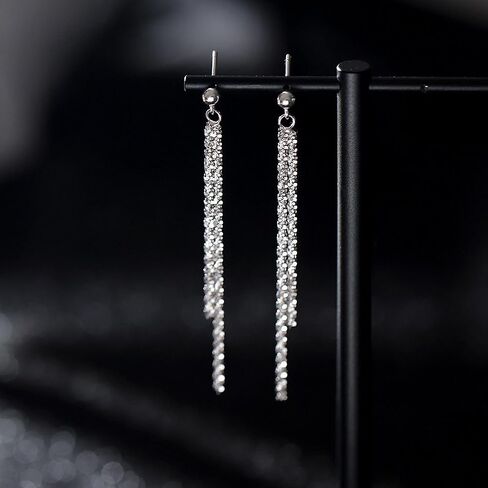 925 Sterling Silver Tassel Chain Dangle Earrings for Women Sparkling Long Fringe Dangle Drop Earrings Bling Line Minimalist Wedding Studs Earring Jewelry Birthday Graduation Gifts for Her in Kuwait