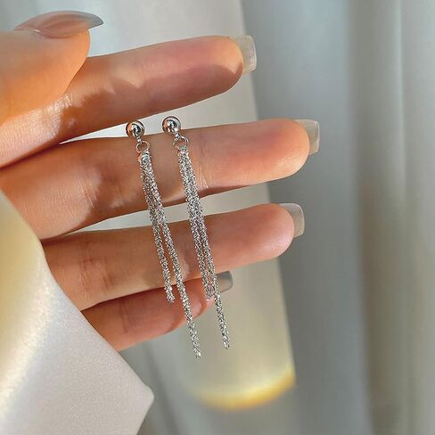 925 Sterling Silver Tassel Chain Dangle Earrings for Women Sparkling Long Fringe Dangle Drop Earrings Bling Line Minimalist Wedding Studs Earring Jewelry Birthday Graduation Gifts for Her in Kuwait