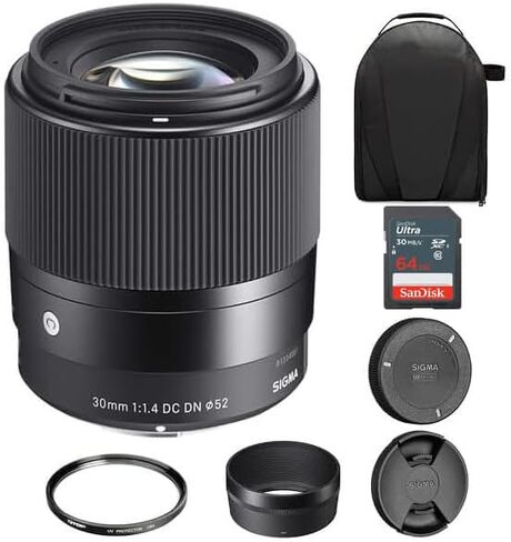 عدسة سيجما 30 مم f/1.4 DC DN المعاصرة لـ Micro Four Thirds | عنصران غير كرويين، غشاء مستدير ذو 9 شفرات، فلتر حماية من الأشعة فوق البنفسجية مقاس 52 مم من Tiffen، وبطاقة ذاكرة Extreme PRO سعة 64 جيجابايت، وحقيبة كاميرا Waith in Saudi Arabia