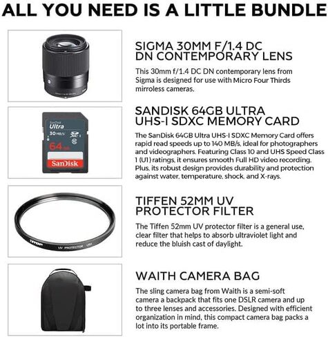عدسة سيجما 30 مم f/1.4 DC DN المعاصرة لـ Micro Four Thirds | عنصران غير كرويين، غشاء مستدير ذو 9 شفرات، فلتر حماية من الأشعة فوق البنفسجية مقاس 52 مم من Tiffen، وبطاقة ذاكرة Extreme PRO سعة 64 جيجابايت، وحقيبة كاميرا Waith in Saudi Arabia