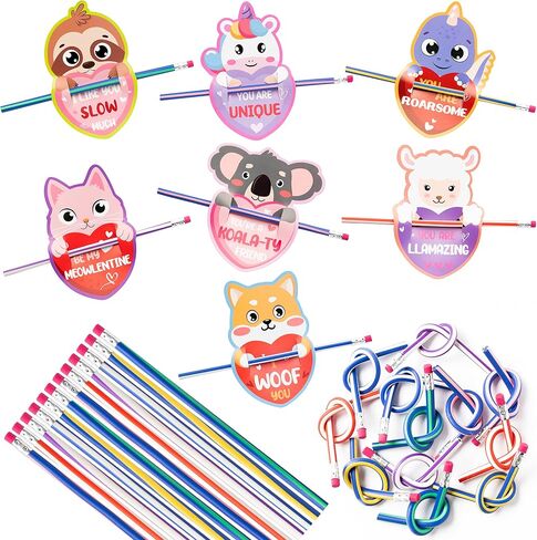 ANGOLIO Valentine's Day Exchange Gift for Kids 28Pcs Colorful Soft Flexible Bendable Pencils with Valentine's Day Cards Bendy Pencil with Eraser Classroom Exchange Gift School Rewards Prizes in Saudi Arabia