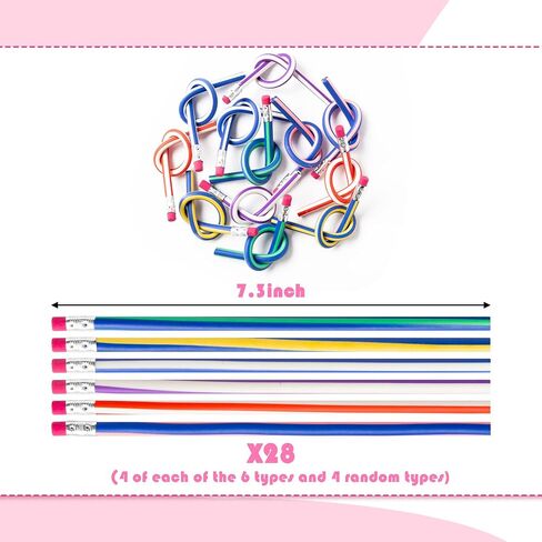 ANGOLIO Valentine's Day Exchange Gift for Kids 28Pcs Colorful Soft Flexible Bendable Pencils with Valentine's Day Cards Bendy Pencil with Eraser Classroom Exchange Gift School Rewards Prizes in Saudi Arabia