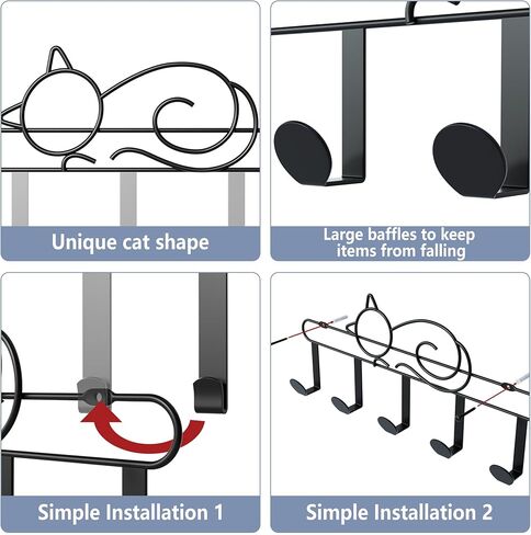 Alsonerbay Over The Door Hooks, Metal Door Hanger with 5 Coat Hooks, Cat-Shaped Heavy Duty Towel Racks with Hanging & Wall Mount Display for Bathroom Entryway Set of 2 Black in Kuwait