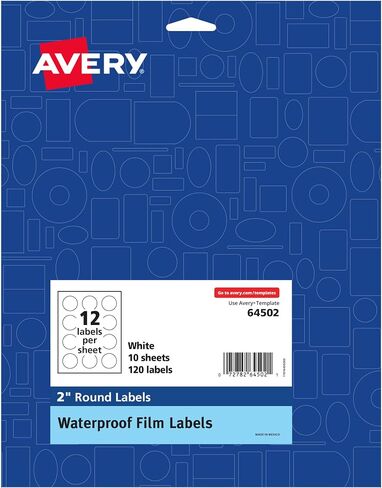 Avery Durable Waterproof Oil-Resistant Film Labels with Sure Feed Technology, 2" Round, Laser/Pigment-Inkjet, 120 Labels (64502) in Saudi Arabia