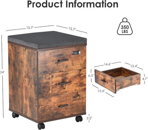 Soohow Under Desk 3 Drawers Vertical Cushion Mobile File Cabinet with Smart Lock/Casters, Large, Brown in Saudi Arabia