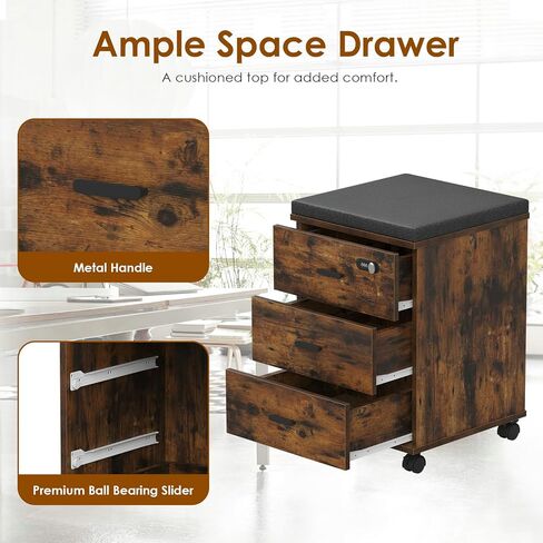 Soohow Under Desk 3 Drawers Vertical Cushion Mobile File Cabinet with Smart Lock/Casters, Large, Brown in Saudi Arabia