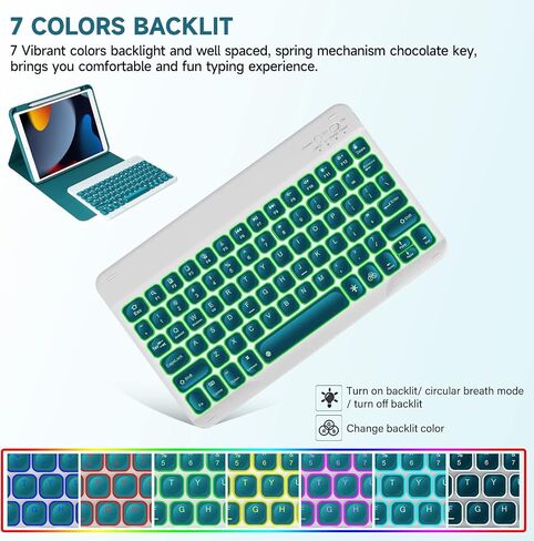 iPad 10.2 9th 8th 7th Gen Keyboard Case, Compatible with iPad Air3 10.5"/iPad Pro 10.5", 7 Colors Backlit Detachable Keyboard with Magentic Protective Cover, Built-in Pencil Holder, Black in Saudi Arabia