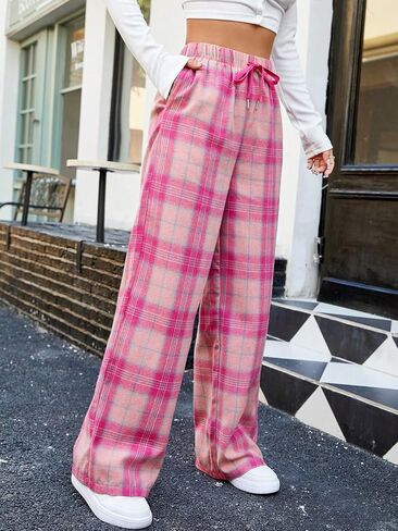 GORGLITTER Women's Plaid Sweatpants Drawstring Waist Baggy Pants with Pockets in Saudi Arabia