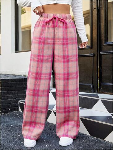 GORGLITTER Women's Plaid Sweatpants Drawstring Waist Baggy Pants with Pockets in Saudi Arabia