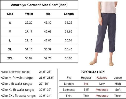 Amazhiyu Womens Linen Capri Pants with Pockets Full Elastic Waistband Casual Pants in Saudi Arabia