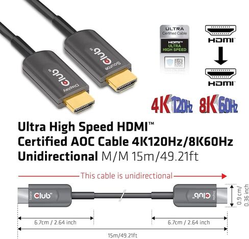 Club 3D CAC-1377 Ultra High Speed HDMI 2.1 Certified 4K 120Hz 8K 60Hz M/M Active Fibert Optical Cable 15m -49.2ft in Kuwait