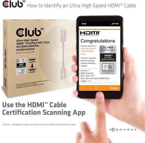 Club 3D CAC-1377 Ultra High Speed HDMI 2.1 Certified 4K 120Hz 8K 60Hz M/M Active Fibert Optical Cable 15m -49.2ft in Kuwait