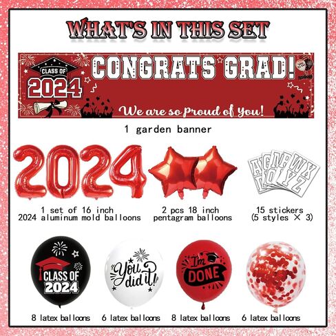50 Pcs Congrats Grad Graduation Banner Latex Foil Balloon Decorations Class 2024 Personalized Class of 2024 Graduation Banner with 78 Alphabet Stickers Graduation Yard Sign Banner Personalized Red in Saudi Arabia