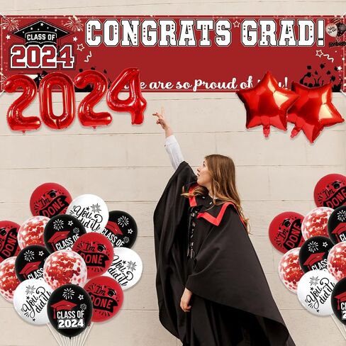 50 Pcs Congrats Grad Graduation Banner Latex Foil Balloon Decorations Class 2024 Personalized Class of 2024 Graduation Banner with 78 Alphabet Stickers Graduation Yard Sign Banner Personalized Red in Saudi Arabia