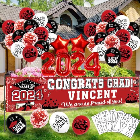 50 Pcs Congrats Grad Graduation Banner Latex Foil Balloon Decorations Class 2024 Personalized Class of 2024 Graduation Banner with 78 Alphabet Stickers Graduation Yard Sign Banner Personalized Red in Saudi Arabia