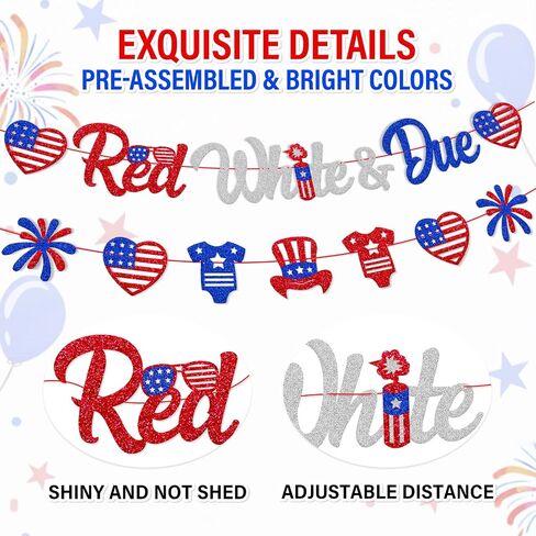 4th of July Baby Shower Decoration Red White & Due Banner Independence Day Patriotic Theme for Baby Shower Gender Reveal Party Supplies in Saudi Arabia