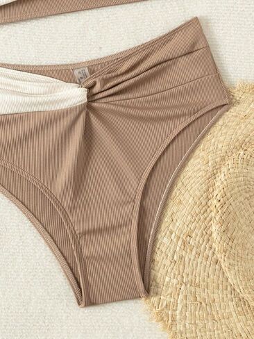 SweatyRocks المرأة 2 قطعة بيكيني مجموعة Colorblock تويست متقاطع ملابس السباحة عالية الخصر ثوب السباحة in Saudi Arabia