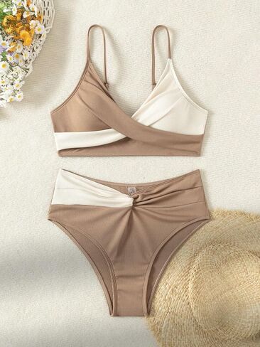 SweatyRocks المرأة 2 قطعة بيكيني مجموعة Colorblock تويست متقاطع ملابس السباحة عالية الخصر ثوب السباحة in Saudi Arabia