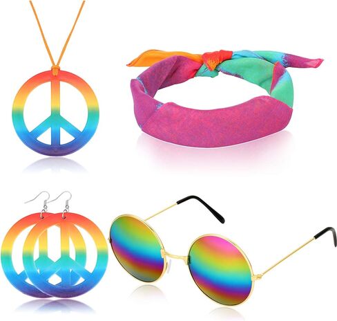 مجموعة أزياء هيبي المكونة من 4 قطع من إكسسوارات ملابس هيبي في الستينيات تتضمن نظارات هيبي وقلادة علامة السلام بألوان قوس قزح وعصابة رأس وأقراط علامة السلام الهبي in Kuwait