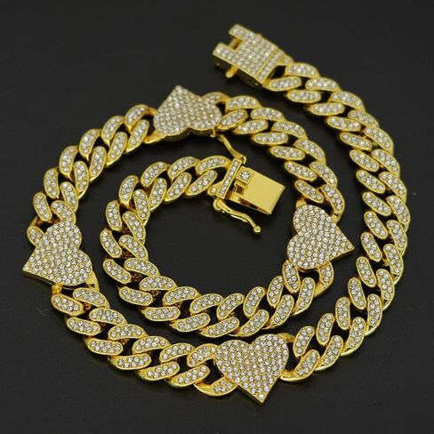 Sparkly Chunky Bling Connected Hearts Fully Rhinestones Iced Out Cuban Chain Link Necklace for Men Women Boys,Bold Miami Fake Faux Diamond Hip Hop Rapper Cool Hip hop Punk Jewelry 18" in Saudi Arabia